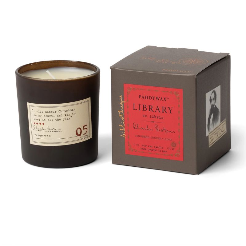 paddywax library series candle Charles dickens in brown glass container with quote on side