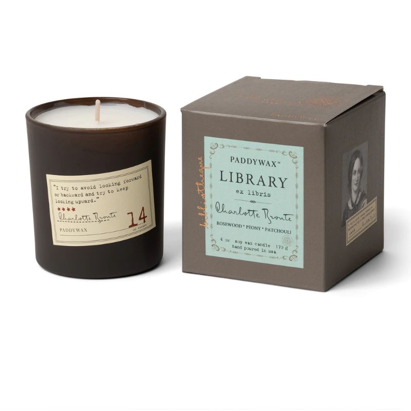 paddywax library series candle Charlotte Bronte in brown glass container and quote on the side