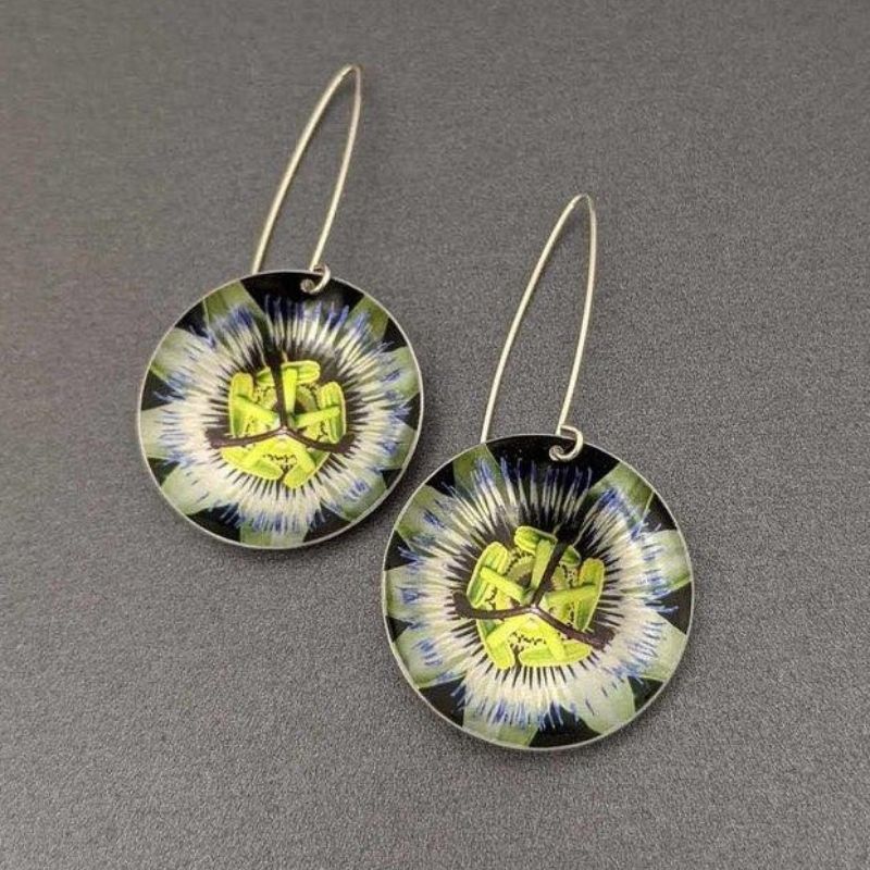 dangle aluminium earrings printed with a passionfruit flower large