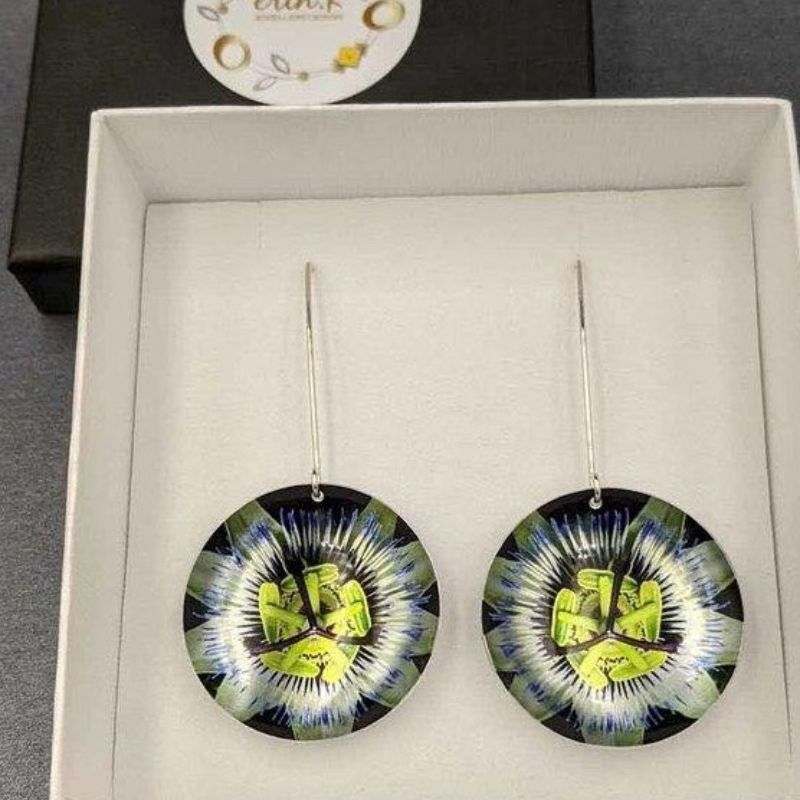 dangle aluminium earrings printed with a passionfruit flower small