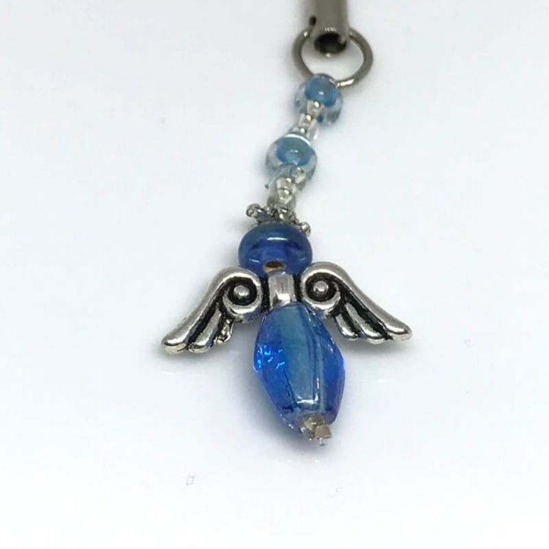 phone or bag charm blue angel with silver angel wings and blue and clear accent beads