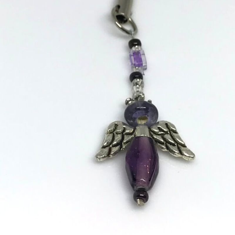 phone or bag charm purple angel beads with silver angel wings and purple accent beads