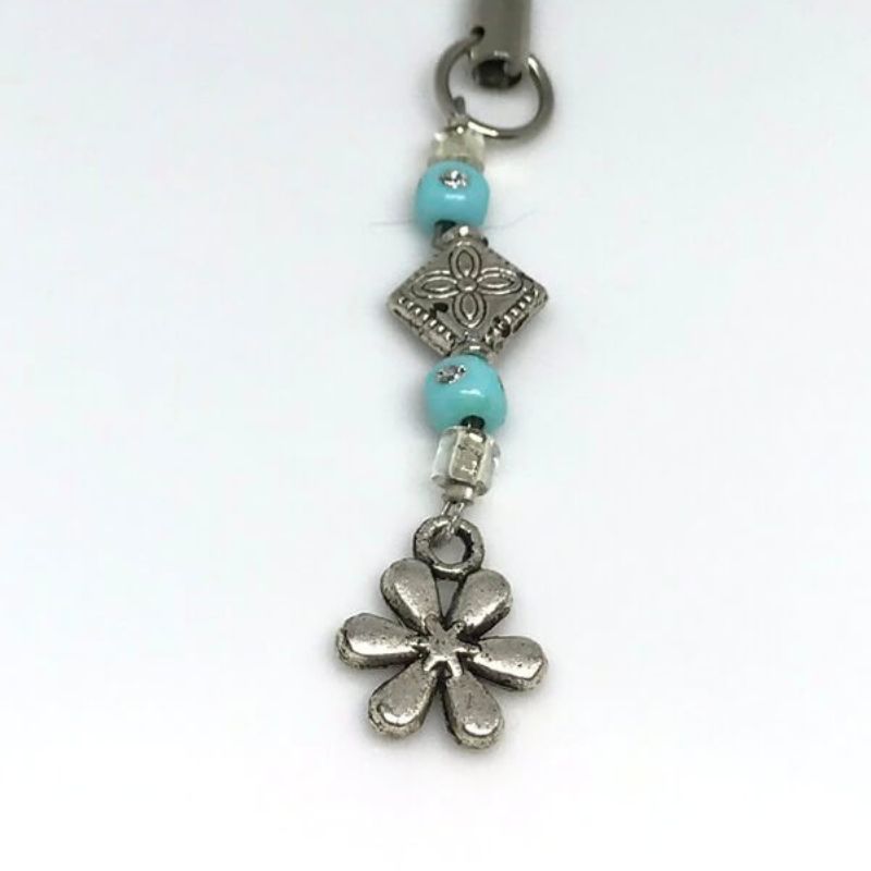 phone or bag charm silver flower with light blue beads with silver accent
