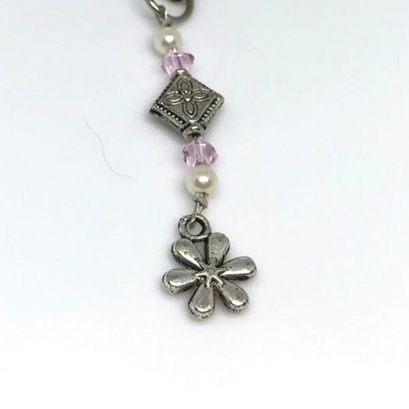 phone or bag charm silver flower with light pink beads