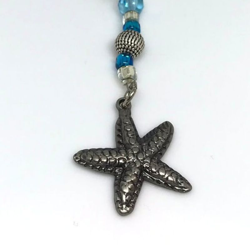phone or bag charm textured starfish with blue and silver beads