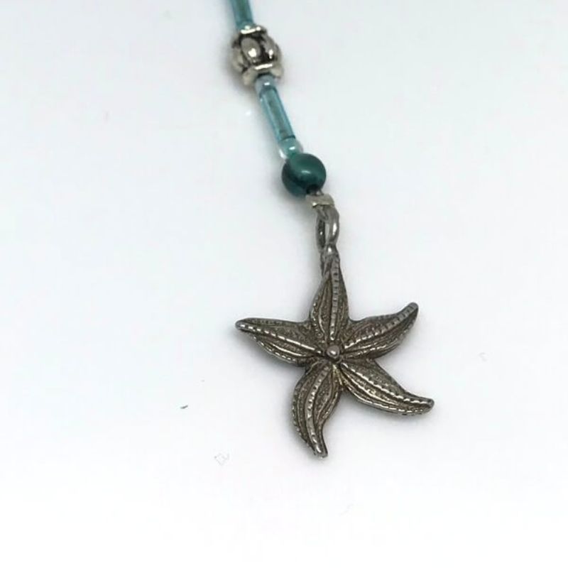 phone or bag charm starfish with long blue beads and silver beads