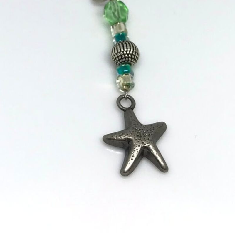 phone or bag charm with starfish and silver and green beads