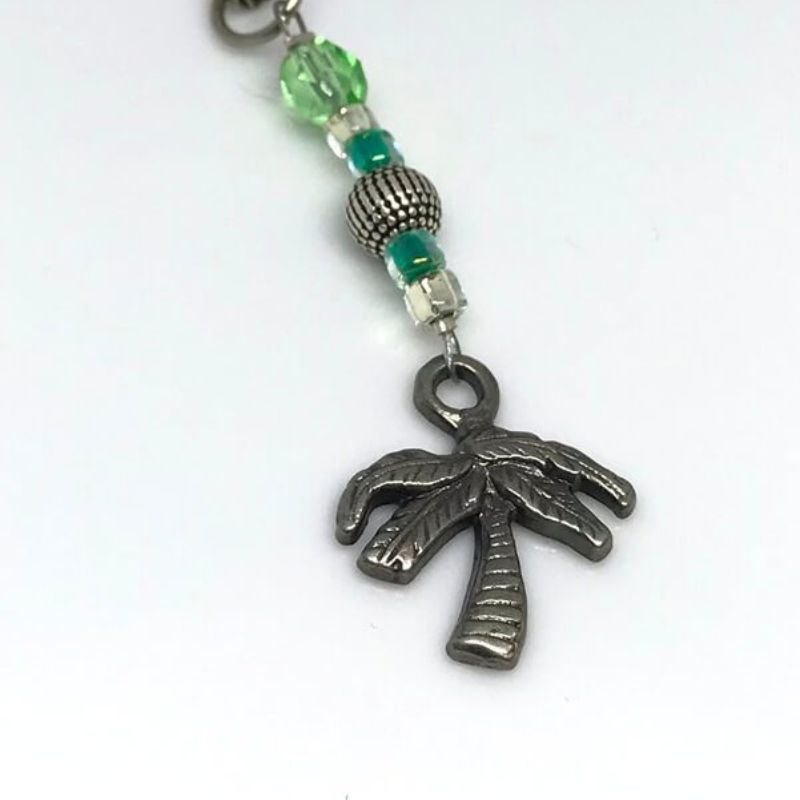 phone or bag dangle with palm tree charm and silver and green beads