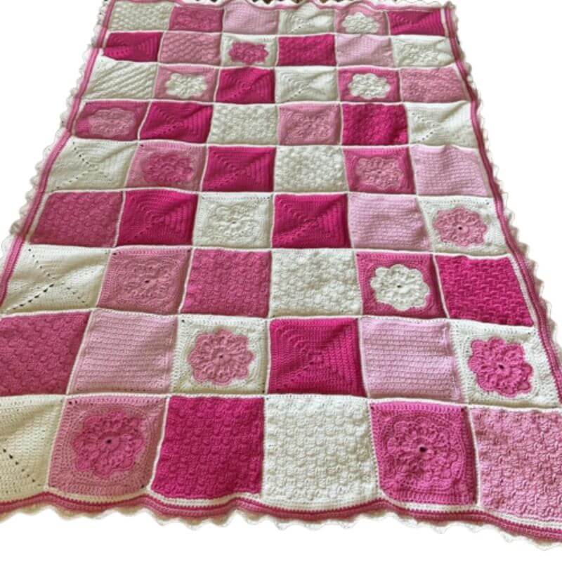 baby blanket cot size pink flowers and textured squares