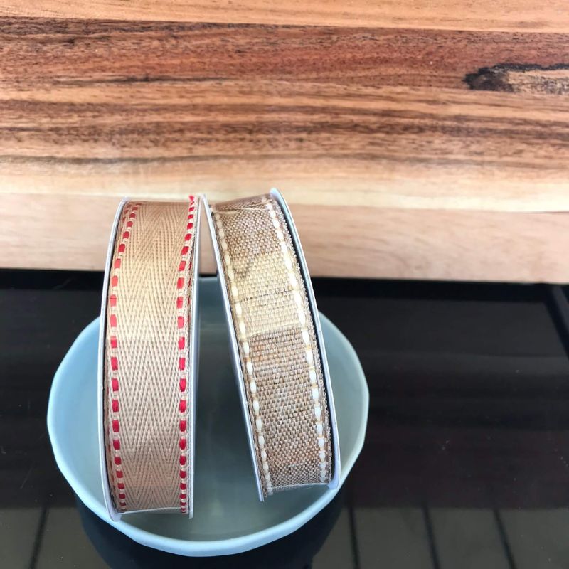polyester 15mm ribbon tan with red stitching and tan with white stitching