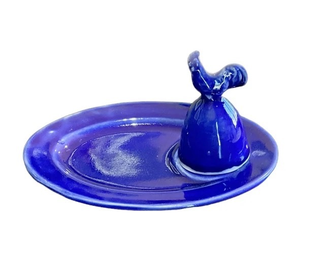 ceramic royal blue egg plate with rooster cloche