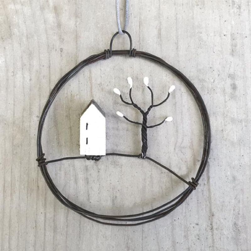 tiny wire wreath House and tree