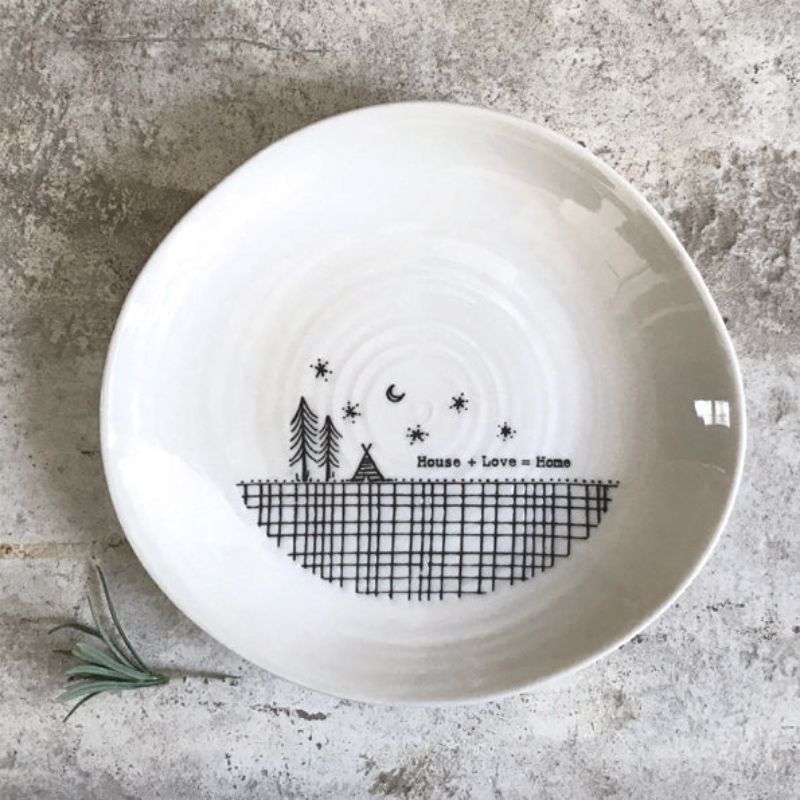 White porcelain plate house plus love equals home