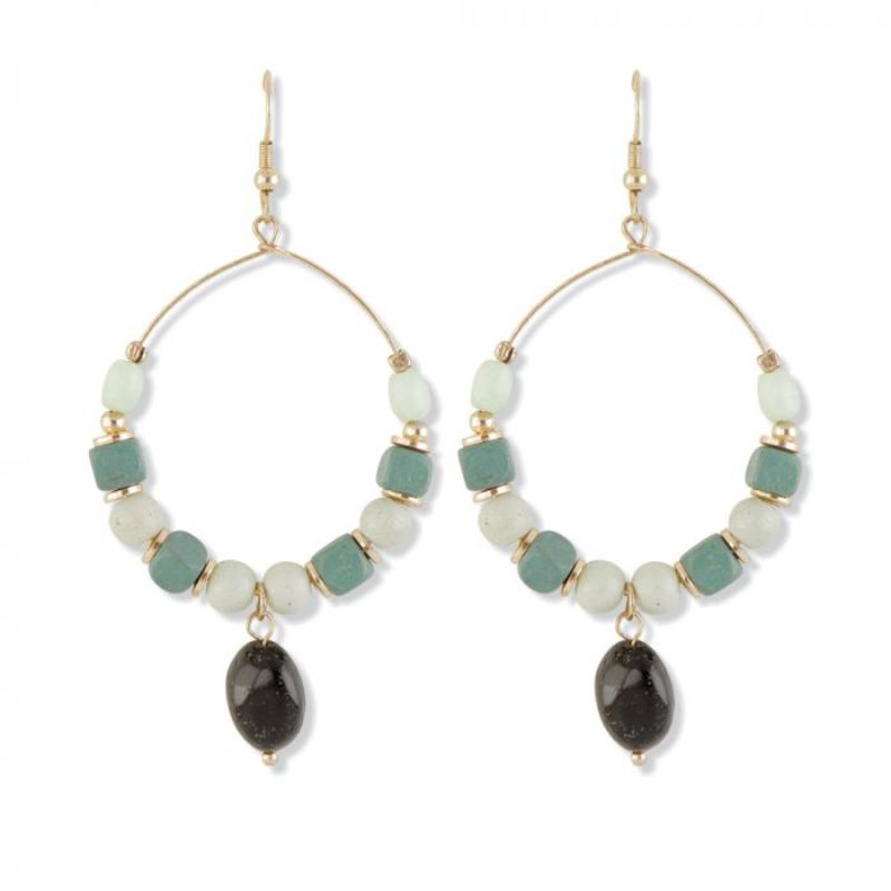 round gold hoops with various shade of green agate stones around the hoop with agate stone drop