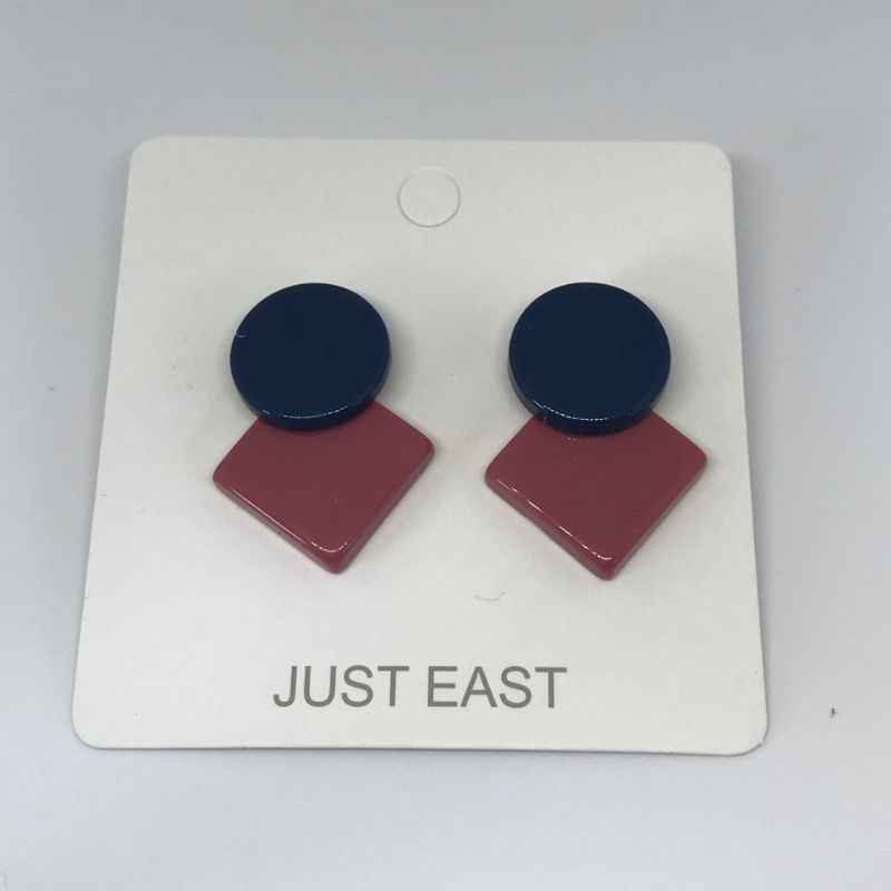 Resin stud earrings with navy blue circle and offset pink square