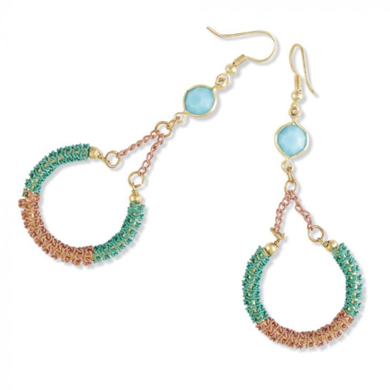Green bronze and blue dangle earring with blue accent bead