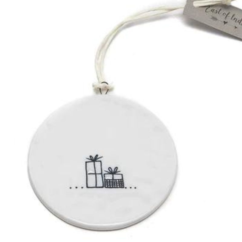 white porcelain bauble with gifts on back