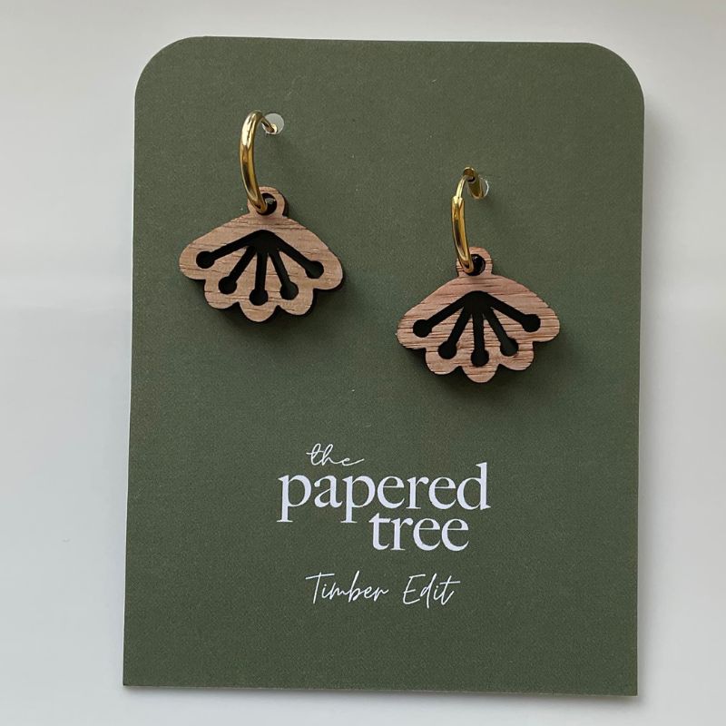 timber earrings shaped in a flower with gold findings