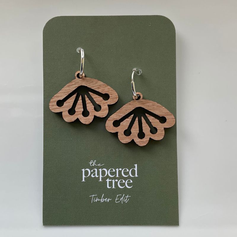 timber earrings with floral pattern and silver findings large
