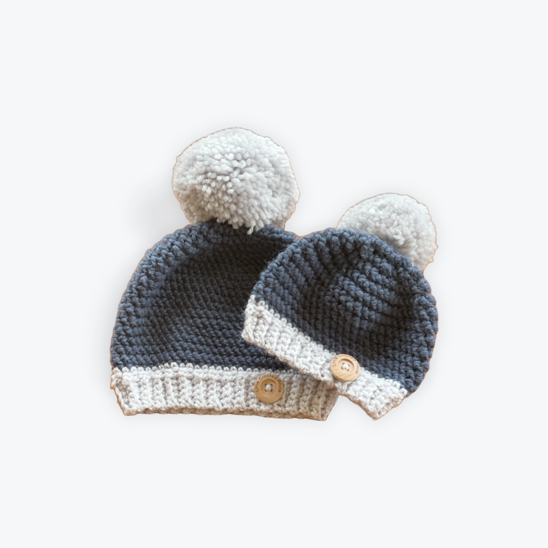 100% pure wool Bendigo Woollen Mill luxury wool baby beanie with grey brim and pompom and a smaller beanie for teddy