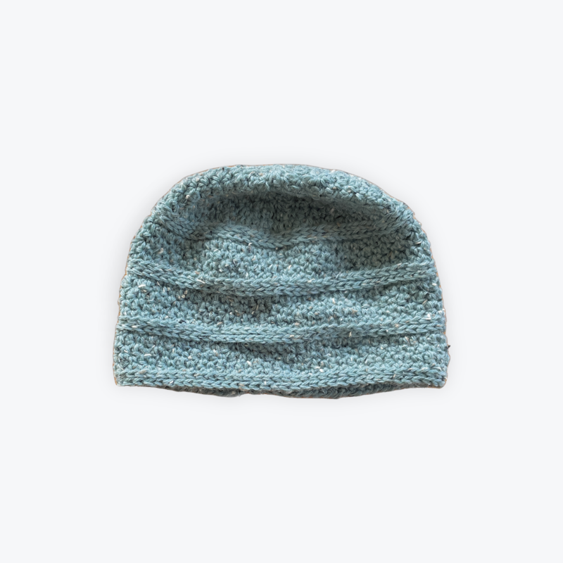 Blue green cap beanie with raised strips for design in pure wool