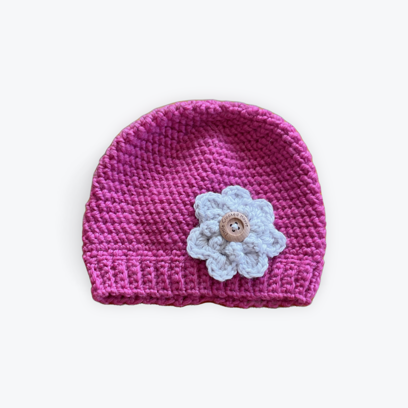 100% pure wool Bendigo Woollen Mill luxury wool dark pink baby beanie with crochet grey flower