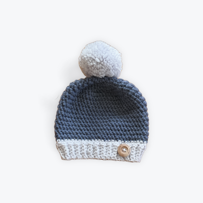 100% pure wool Bendigo Woollen Mill luxury wool baby beanie with grey brim and pompom